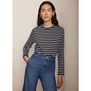 Mint Velvet Navy Striped Ruffle Trim Top